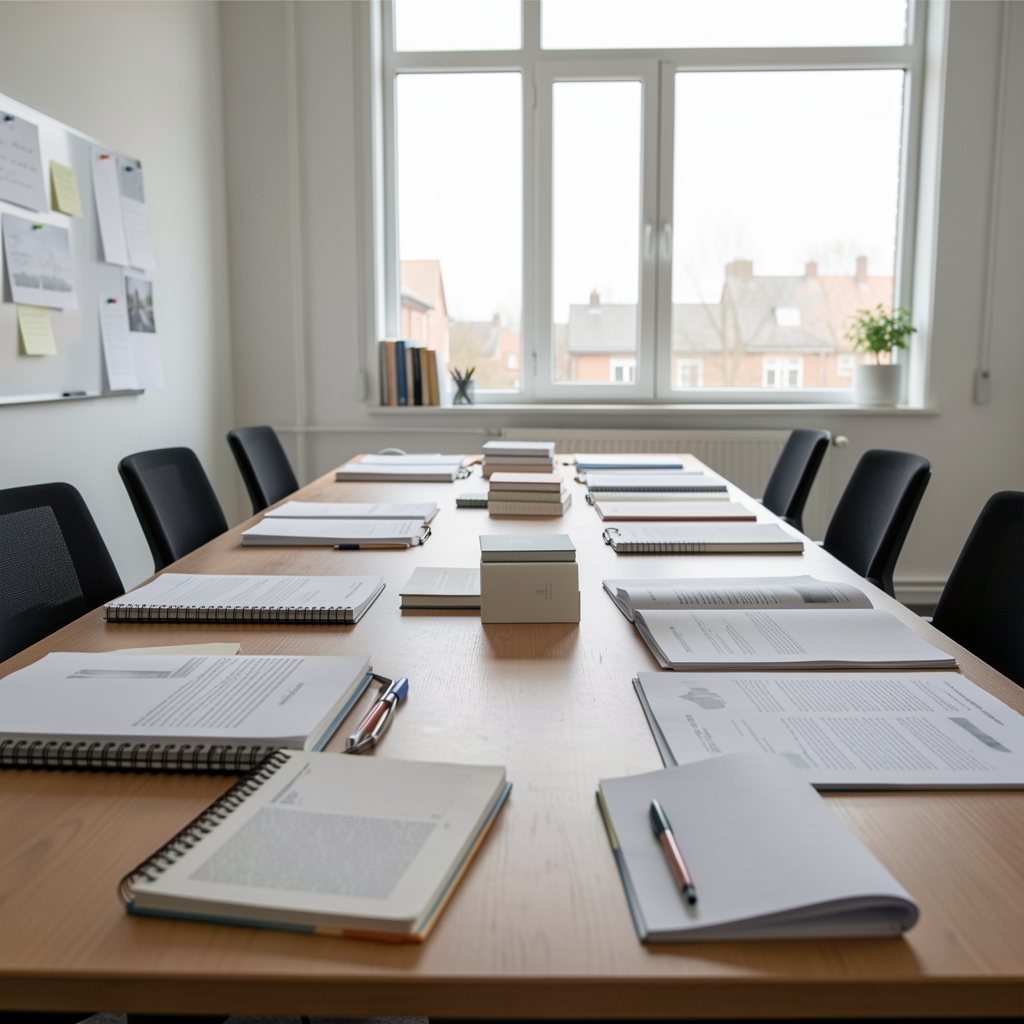 Wide shot of the Obrent Review editorial workspace — a long table with notebooks, research papers, and a window looking out over Cowcross Street
