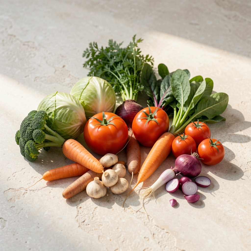 Seasonal vegetables arranged on a pale stone surface with overhead natural light, minimal composition