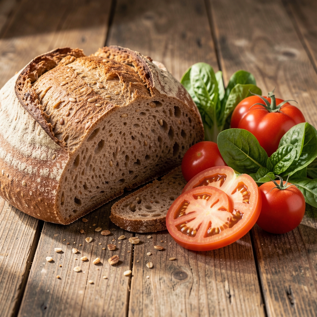 Whole grain bread and fresh vegetables arranged on a worn wooden surface with side natural light