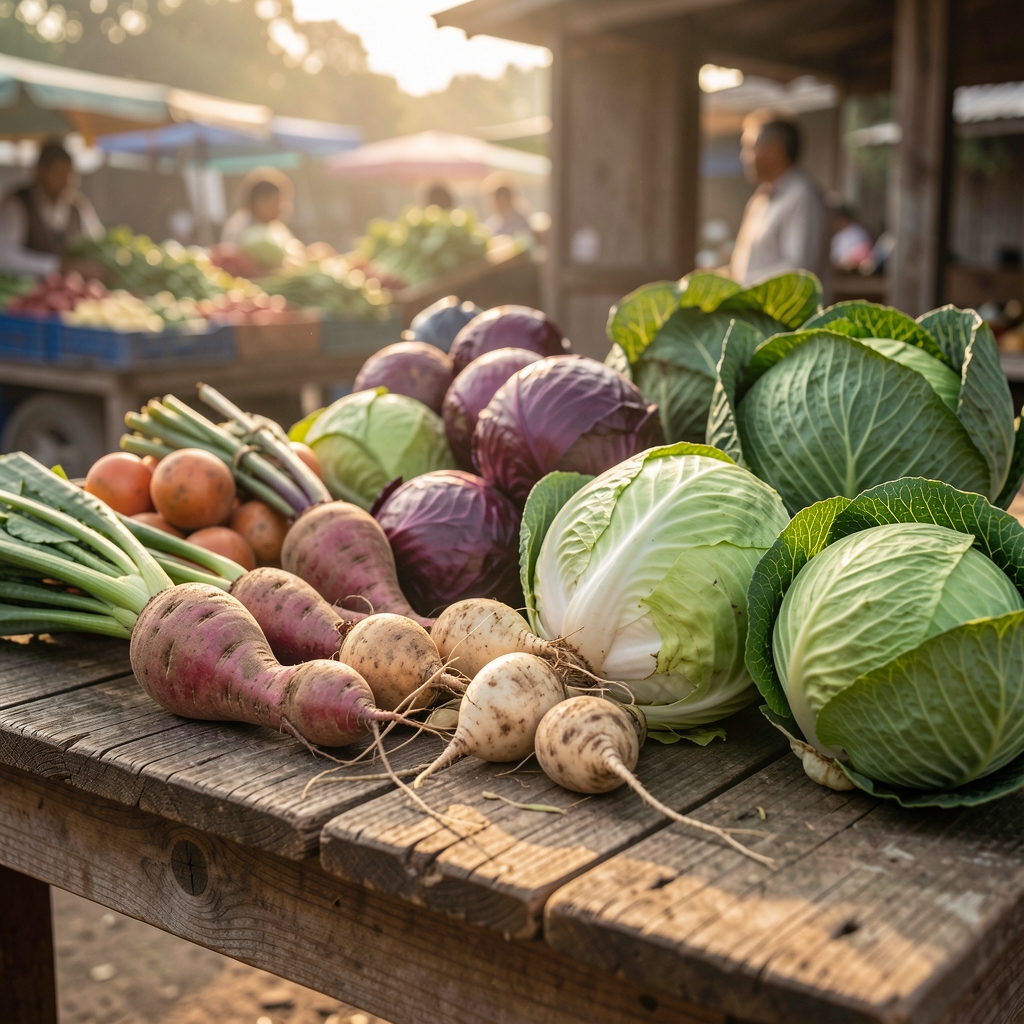 Market produce arranged on a rough wooden surface in early morning, root vegetables and brassicas visible