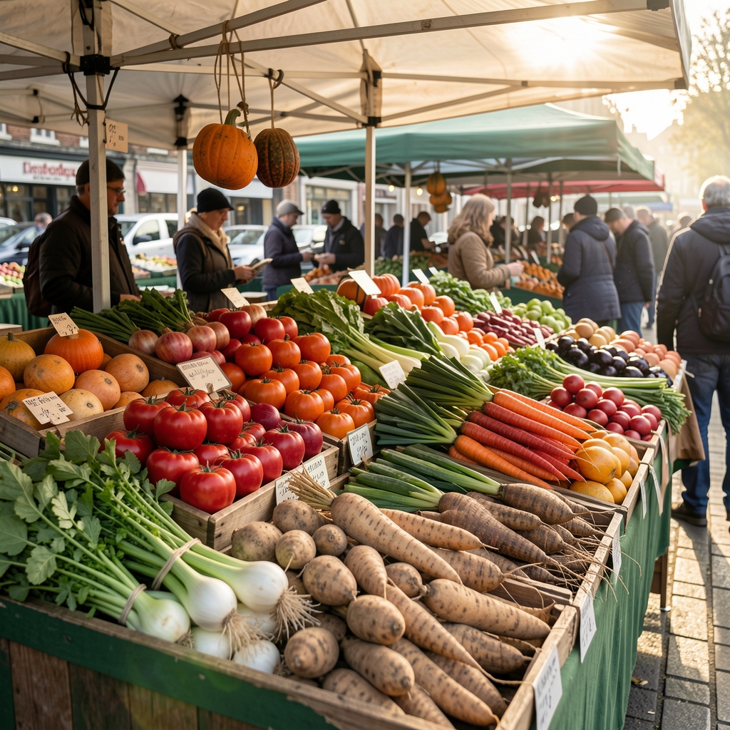 Seasonal autumn vegetables and root crops displayed at a London market stall in early morning light
