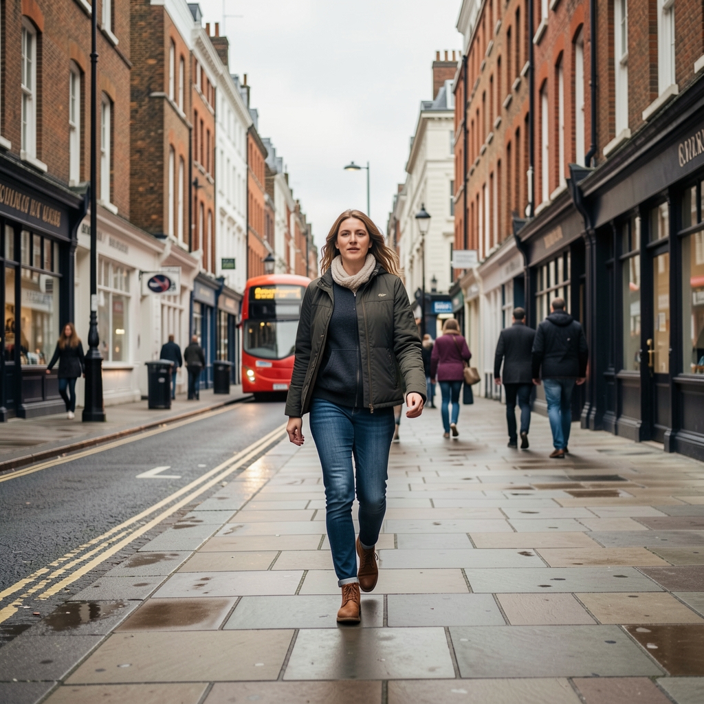 Active morning walk on a London pavement, street-level perspective in overcast natural light