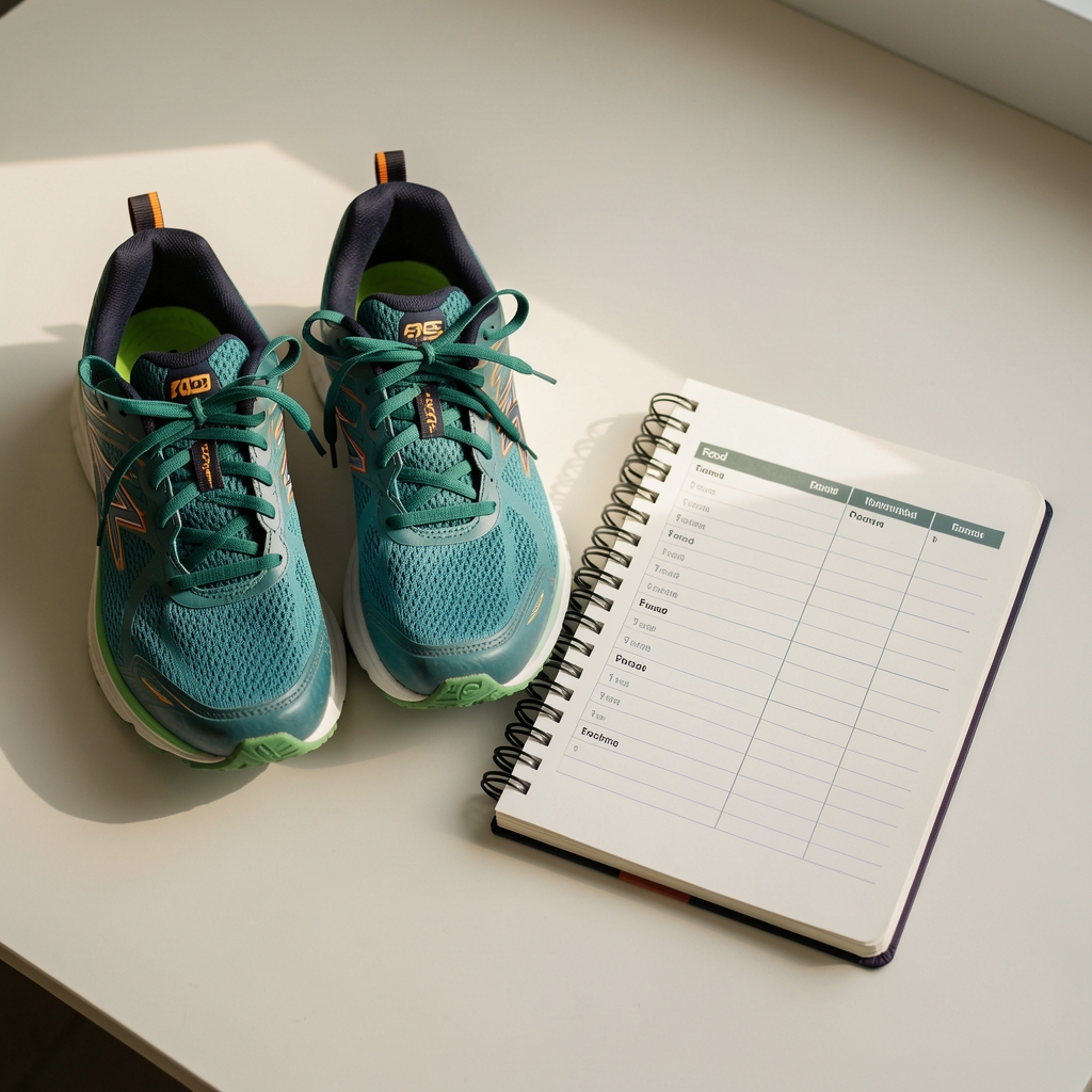 Running shoes placed beside a food diary notebook on a plain surface in morning light