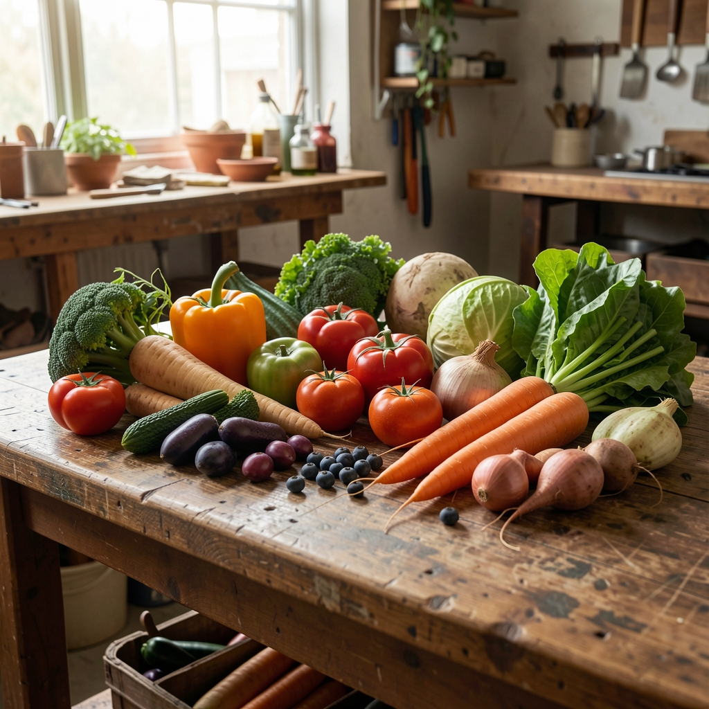 Seasonal vegetables and whole foods arranged on a worn workshop table with natural overhead light